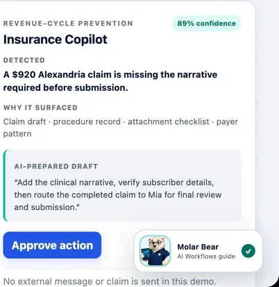 Insurance Copilot card showing a claim that is missing the narrative required before submission, with an AI-drafted next step routing it for final review and an Approve action button.